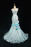 Ndyad Blue Mermaid Spaghetti Straps Organza Diamond Long Prom Dress Lace Floral Evening Gown HZ1024