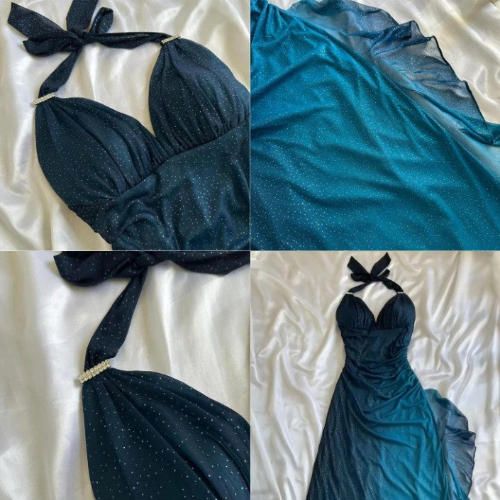 Ndyad ?Chiffon Halter Sheath Prom Dress for Party&Birthday Elegant Blue Evening Gowns HZ1024