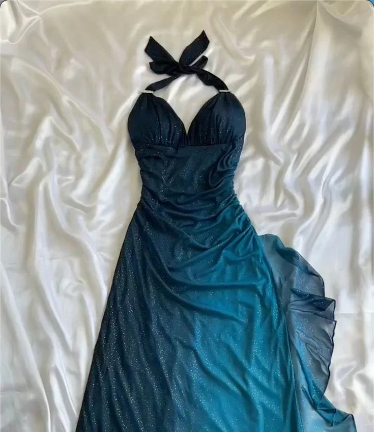 Ndyad ?Chiffon Halter Sheath Prom Dress for Party&Birthday Elegant Blue Evening Gowns HZ1024