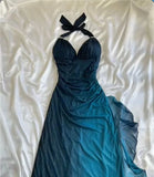 Ndyad ?Chiffon Halter Sheath Prom Dress for Party&Birthday Elegant Blue Evening Gowns HZ1024
