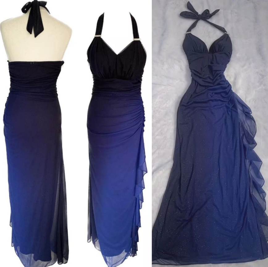 Ndyad ?Chiffon Halter Sheath Prom Dress for Party&Birthday Elegant Blue Evening Gowns HZ1024