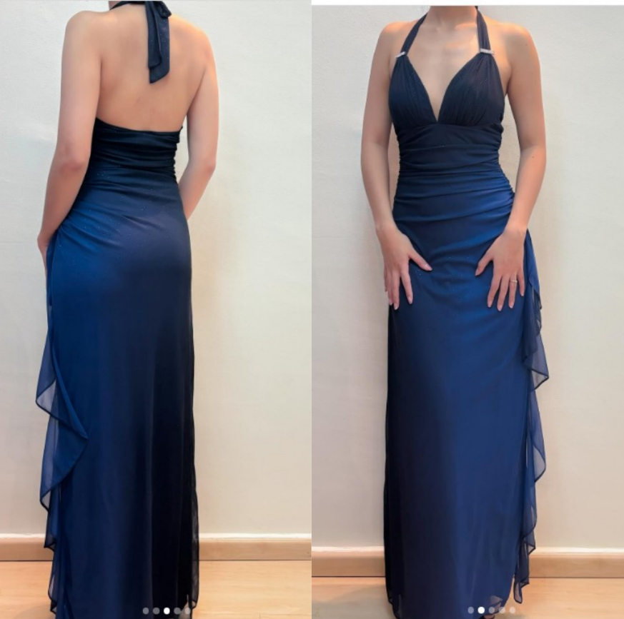Ndyad ?Chiffon Halter Sheath Prom Dress for Party&Birthday Elegant Blue Evening Gowns HZ1024