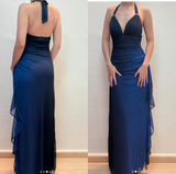 Ndyad ?Chiffon Halter Sheath Prom Dress for Party&Birthday Elegant Blue Evening Gowns HZ1024