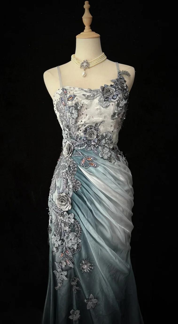 Ndyad Chiffon Mermaid Spaghetti Strap Sequined Applique Long Prom Dresses?? Formal Evening Dresses HZ1024