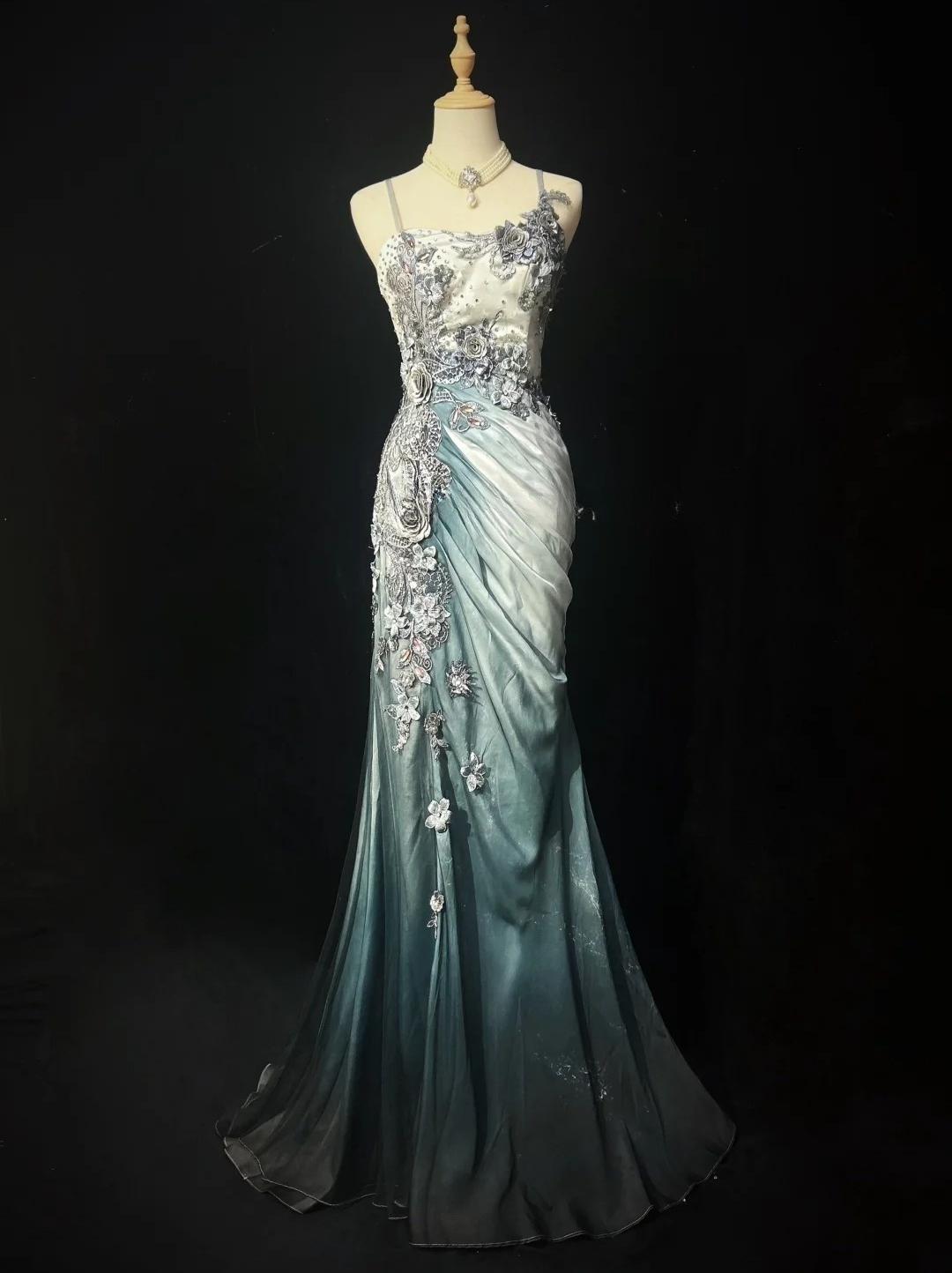 Ndyad Chiffon Mermaid Spaghetti Strap Sequined Applique Long Prom Dresses?? Formal Evening Dresses HZ1024