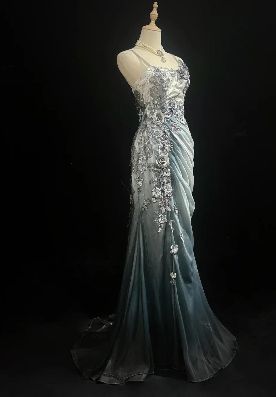 Ndyad Chiffon Mermaid Spaghetti Strap Sequined Applique Long Prom Dresses?? Formal Evening Dresses HZ1024
