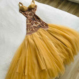 Ndyad Green Merimaid Spaghetti Strap Tulle Beaded Long Prom Dress Birthday Graduation Prom Dress HZ1024