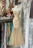 Ndyad Mermaid Strapless Sweetheart Tulle Beaded Applique Long Prom Dress HZ1024