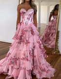 Ndyad A-Line Chiffon Floral Print Ruffle Long Prom Dress with Slit HZ1024