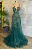 Ndyad Green A-Line Spaghetti Strap Tulle Beads Long Prom Dress With Appliques HZ1024