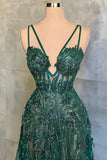 Ndyad Green A-Line Spaghetti Strap Tulle Beads Long Prom Dress With Appliques HZ1024