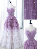 Ndyad Purple A-Line Spaghetti Strap Tulle Sequin Long Prom Dresses for Birthday&Graduation HZ1024