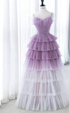 Ndyad Purple A-Line Spaghetti Strap Tulle Sequin Long Prom Dresses for Birthday&Graduation HZ1024