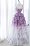 Ndyad Purple A-Line Spaghetti Strap Tulle Sequin Long Prom Dresses for Birthday&Graduation HZ1024