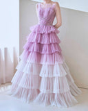 Ndyad Purple A-Line Spaghetti Strap Tulle Sequin Long Prom Dresses for Birthday&Graduation HZ1024