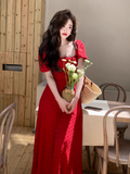 Ndyad retro square neck waist slim print dress seaside holiday dress HZ1024