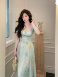Ndyad retro square neck waist slim print dress seaside holiday dress HZ1024