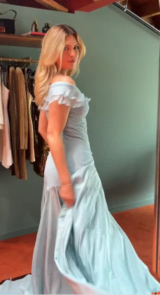 Ndyad Blue A-Line Off-shoulder Long Prom Dresses Vintage Satin Chiffon Formal Evening Dresses HZ1024