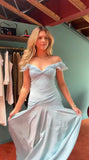 Ndyad Blue A-Line Off-shoulder Long Prom Dresses Vintage Satin Chiffon Formal Evening Dresses HZ1024