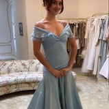 Ndyad Blue A-Line Off-shoulder Long Prom Dresses Vintage Satin Chiffon Formal Evening Dresses HZ1024