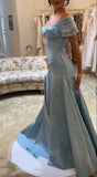 Ndyad Blue A-Line Off-shoulder Long Prom Dresses Vintage Satin Chiffon Formal Evening Dresses HZ1024