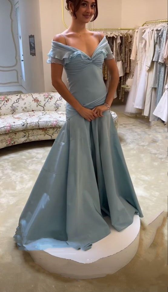 Ndyad Blue A-Line Off-shoulder Long Prom Dresses Vintage Satin Chiffon Formal Evening Dresses HZ1024