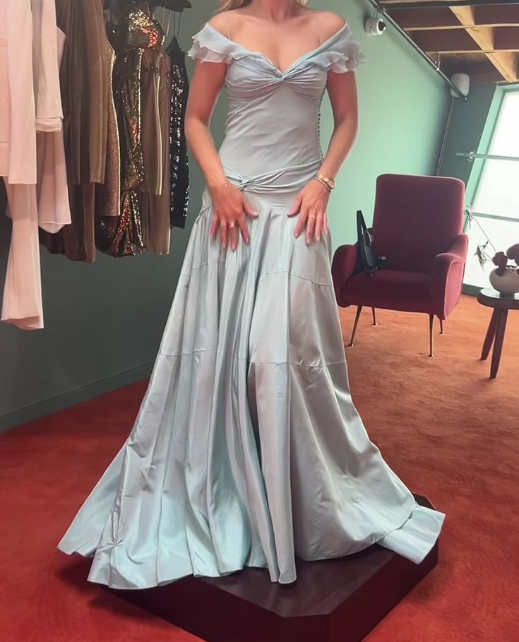 Ndyad Blue A-Line Off-shoulder Long Prom Dresses Vintage Satin Chiffon Formal Evening Dresses HZ1024