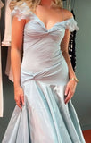 Ndyad Blue A-Line Off-shoulder Long Prom Dresses Vintage Satin Chiffon Formal Evening Dresses HZ1024