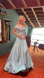 Ndyad Blue A-Line Off-shoulder Long Prom Dresses Vintage Satin Chiffon Formal Evening Dresses HZ1024