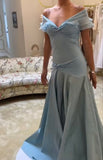 Ndyad Blue A-Line Off-shoulder Long Prom Dresses Vintage Satin Chiffon Formal Evening Dresses HZ1024