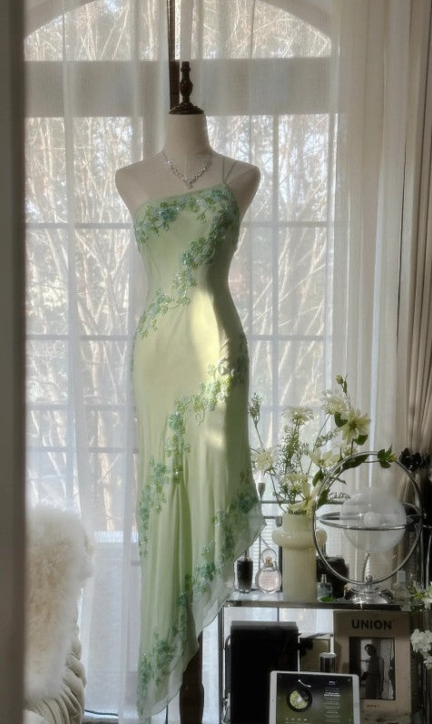Ndyad Light Green Simple Bodycon Party Dresses Elegant One Shoulder Chiffon Applique Beaded Prom Dress HZ1024