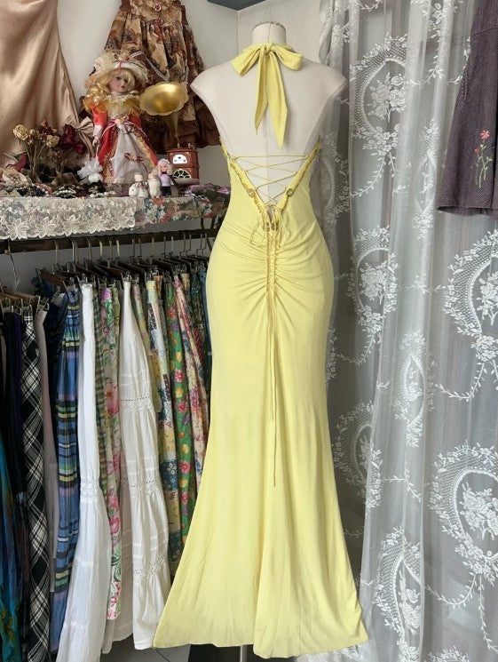 Ndyad Yellow Mermaid Formal Dresses Halter Sequin Diamond Long Prom Dress Birthday Party Outfit HZ1024