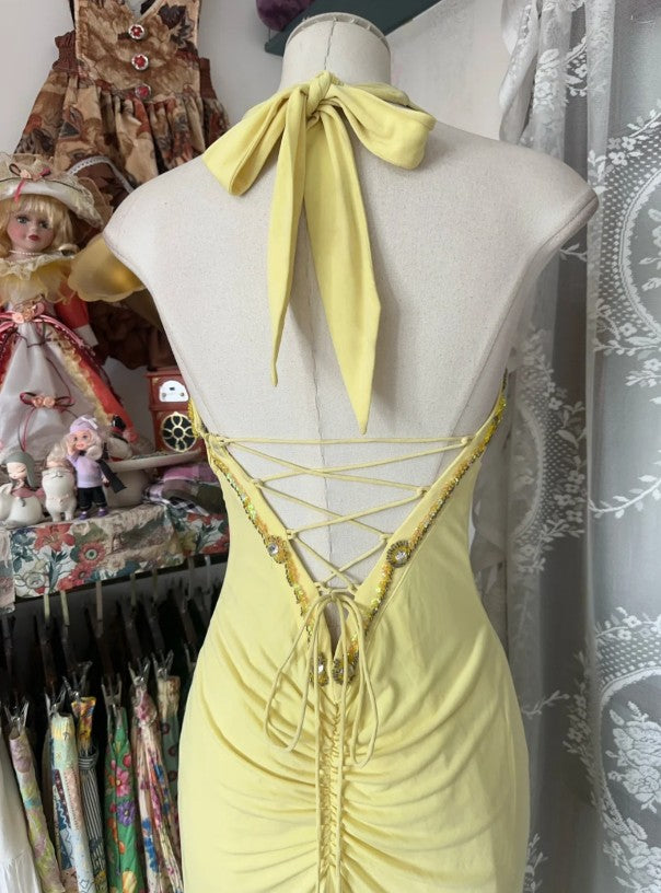 Ndyad Yellow Mermaid Formal Dresses Halter Sequin Diamond Long Prom Dress Birthday Party Outfit HZ1024