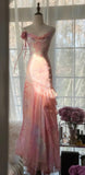 Ndyad Pink Spaghetti Strap Mermaid Party Dresses Fairytale Chiffon Beaded Long Prom Dresses HZ1024