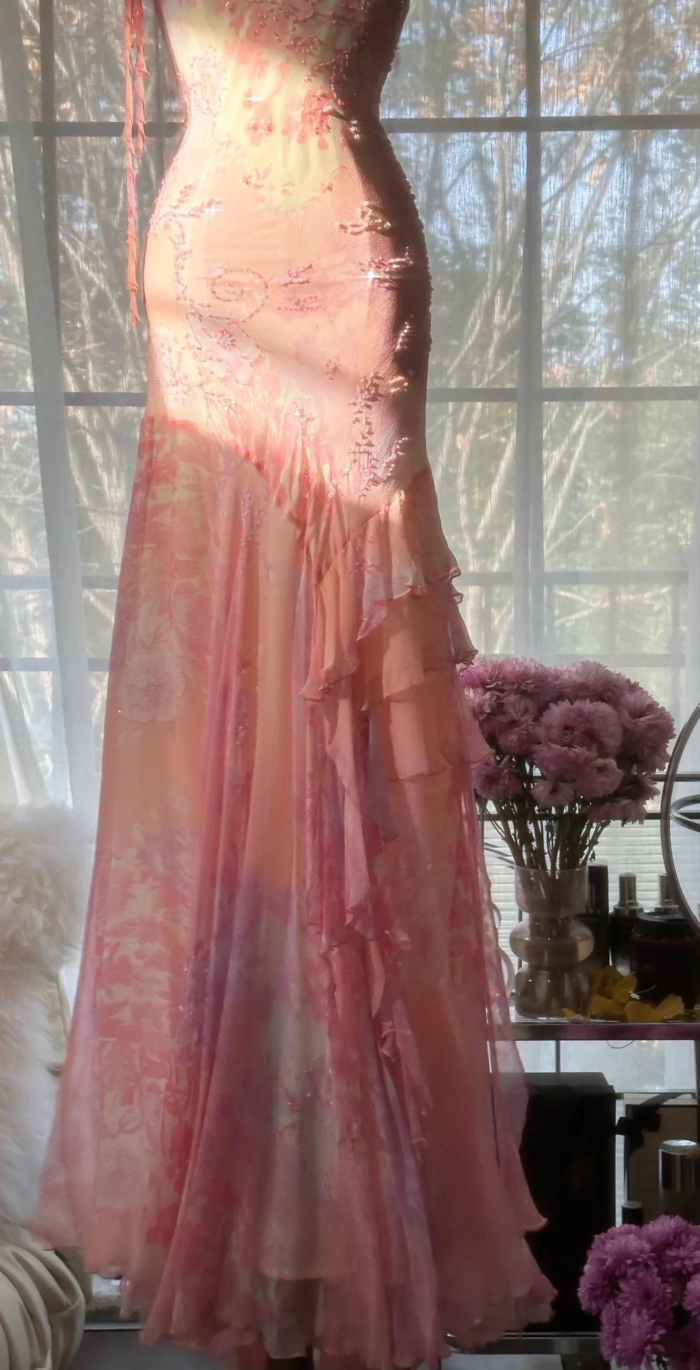 Ndyad Pink Spaghetti Strap Mermaid Party Dresses Fairytale Chiffon Beaded Long Prom Dresses HZ1024