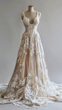 Ndyad Vintage A-Line Spaghetti Strap Lace Tulle Long Prom Dress Wedding Dress HZ1024