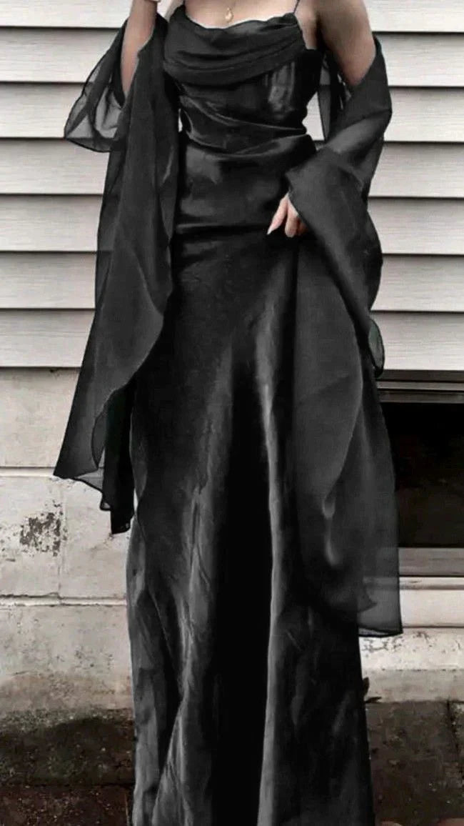 Ndyad Dark Green Prom Dress Spaghetti Strap Chiffon Evening Gown with Shawl HZ1024
