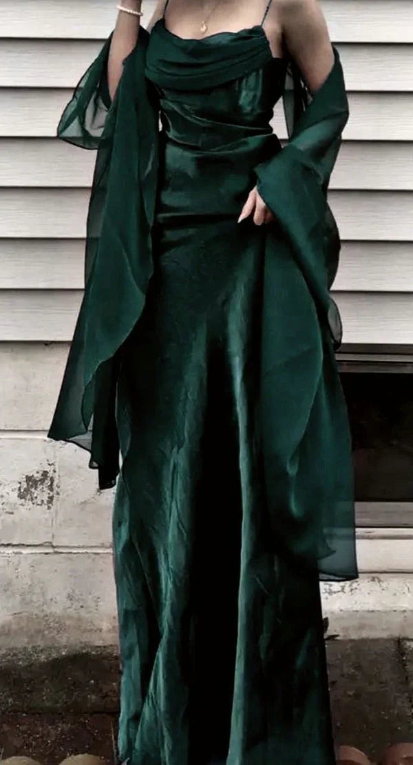 Ndyad Dark Green Prom Dress Spaghetti Strap Chiffon Evening Gown with Shawl HZ1024