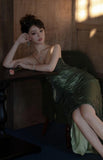 Ndyad Forest Green Spaghetti Straps Long Prom Dresses Glitter Chiffon Beaded Elegant Party Dresses HZ1024