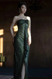 Ndyad Forest Green Spaghetti Straps Long Prom Dresses Glitter Chiffon Beaded Elegant Party Dresses HZ1024
