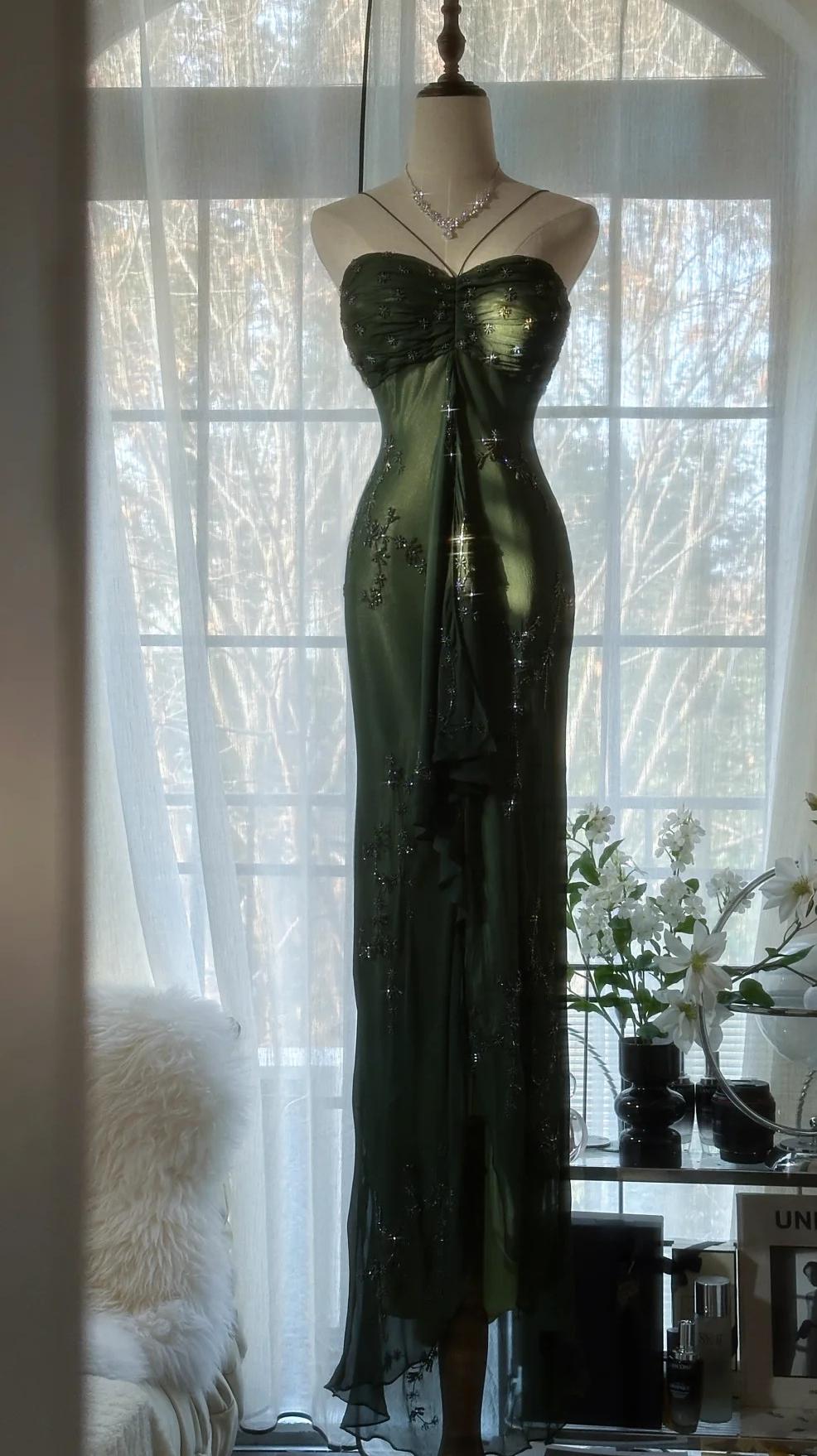 Ndyad Forest Green Spaghetti Straps Long Prom Dresses Glitter Chiffon Beaded Elegant Party Dresses HZ1024