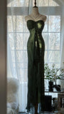 Ndyad Forest Green Spaghetti Straps Long Prom Dresses Glitter Chiffon Beaded Elegant Party Dresses HZ1024