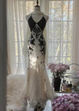 Ndyad Spaghetti Strap Chiffon Applique Long Prom Dresses Temperament Party Dresses HZ1024