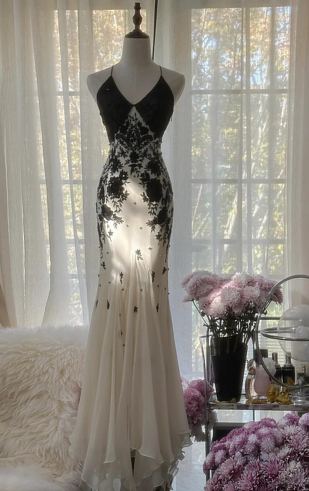 Ndyad Spaghetti Strap Chiffon Applique Long Prom Dresses Temperament Party Dresses HZ1024