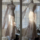 Ndyad Fairytale Pink Spaghetti Straps Mermaid Evening Gowns Vintage Elegant Beaded Silk Long Prom Dress Guest Dresses HZ1024