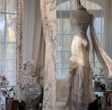 Ndyad Fairytale Pink Spaghetti Straps Mermaid Evening Gowns Vintage Elegant Beaded Silk Long Prom Dress Guest Dresses HZ1024