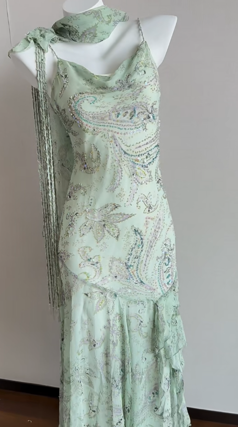 Ndyad Green Mermaid Formal Dresses Beaded Chiffon Open Back Long Prom Dresses Spaghetti Straps Guest Dresses HZ1024