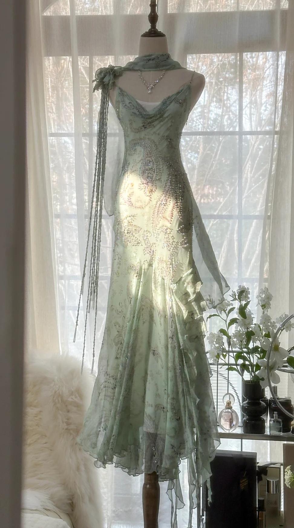Ndyad Green Mermaid Formal Dresses Beaded Chiffon Open Back Long Prom Dresses Spaghetti Straps Guest Dresses HZ1024