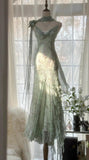 Ndyad Green Mermaid Formal Dresses Beaded Chiffon Open Back Long Prom Dresses Spaghetti Straps Guest Dresses HZ1024