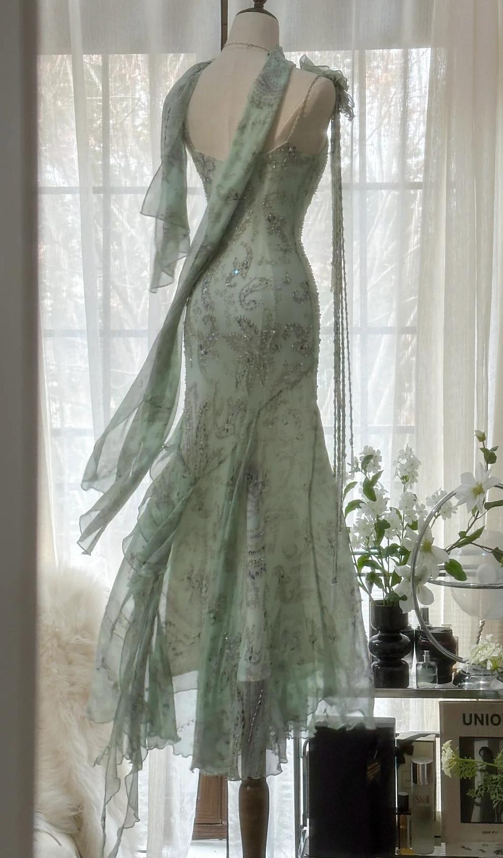Ndyad Green Mermaid Formal Dresses Beaded Chiffon Open Back Long Prom Dresses Spaghetti Straps Guest Dresses HZ1024